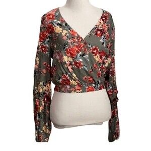 Olive green long bishop sleeve floral crop top size XL